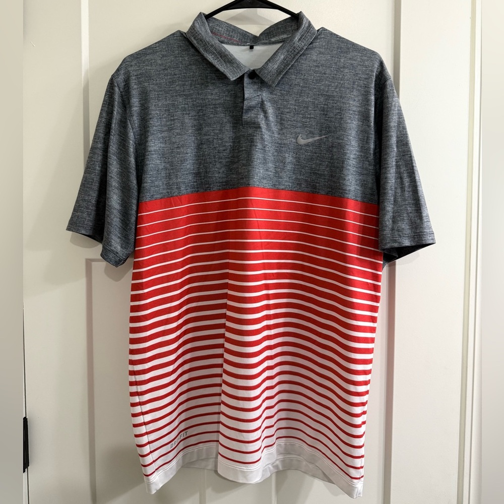 Nike Tiger Woods Collection Men's Gray and Red Striped Polo Shirt Golf